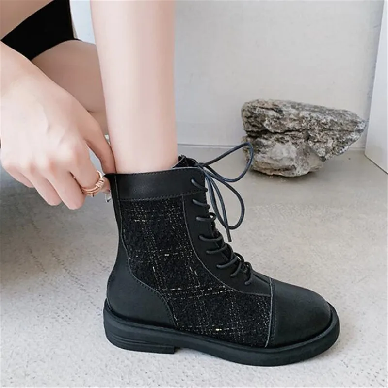 

Riding boots women 2020 thin style all-match thick heel short boots lace up casual female Chelsea boots platform shoes womensW03