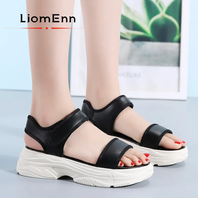 

Black White Sandals Women Summer New 2021 Genuine Leather Platform Sandals Comfort Thick Sole Sport Shoes Woman zapatos mujer