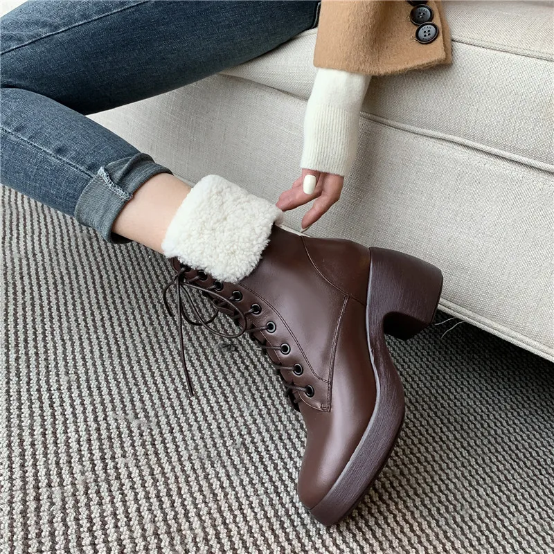

Asumer 2021 Top Quality Genuine Leather Ankle Boots Women Winter Shoes Thick Fur Warm Vintage High Heel Platform Boots Women