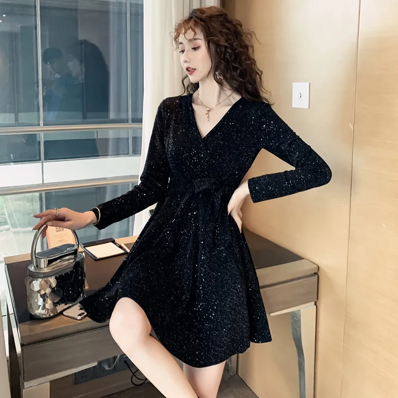 Элегантное осеннее платье с блестками ТРАПЕЦИЕВИДНОЕ ПЛАТЬЕ С Высокой Талией