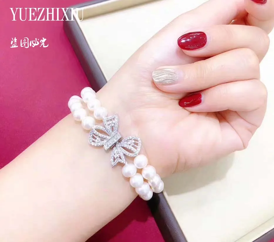 2 ряда AAA 7-8 мм Южное море белый жемчуг ручной браслет с узелками 7 5-8 &quotРоскошный