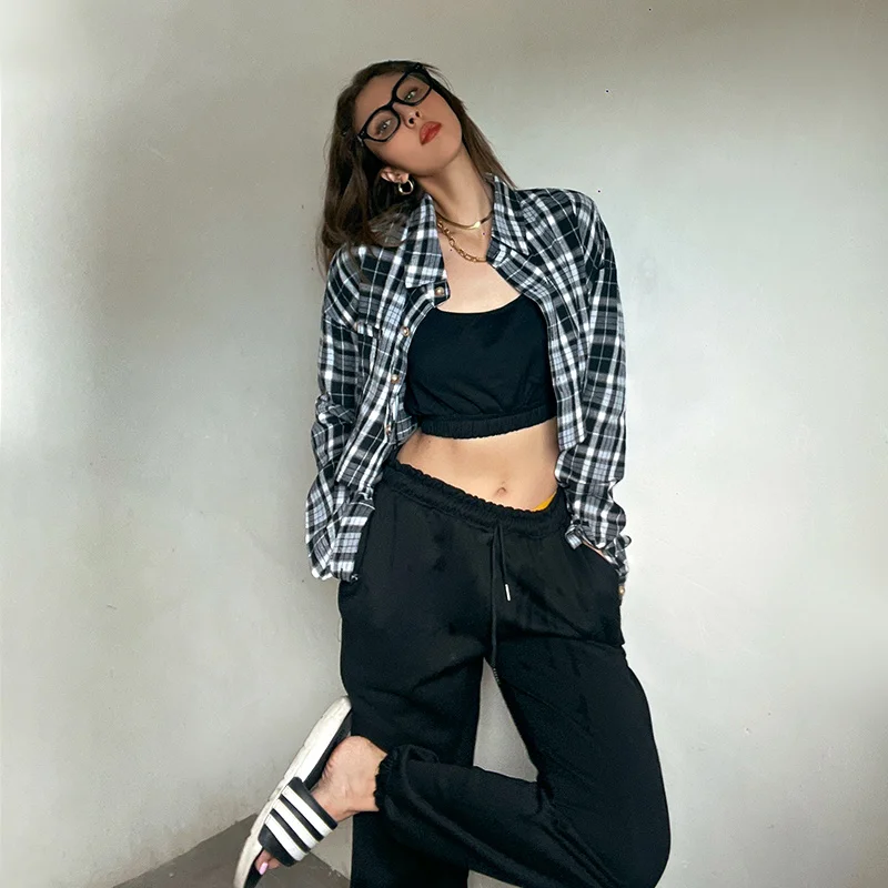 

Women Check Print Cropped Shirt Plaid Drop Shoulder Slouchy Cut Shirt Hip Hop Crop Top Checked Blouse A558