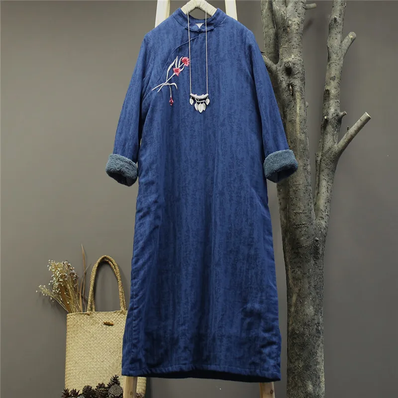 Женское платье с длинным рукавом Johnature хлопковое и льняное цветочной вышивкой в