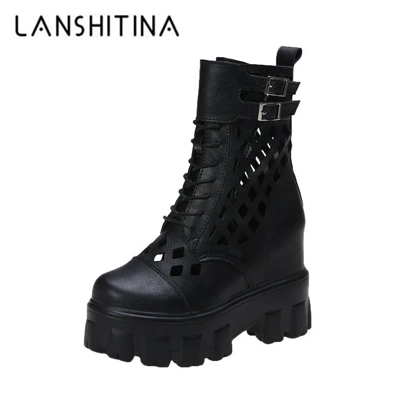 Новые летние босоножки Женские ботинки с вырезами Черная обувь увеличивающая