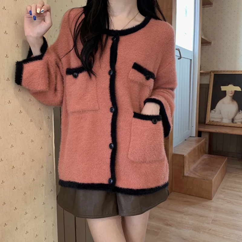 

Y2k small fragrant wind gentle long sleeves against color wool cardigan2022 spring autumn new temperament versatile sweater coat