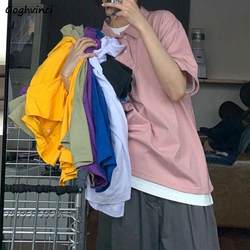 

Футболки Женские однотонные с коротким рукавом, Повседневная Верхняя одежда на пуговицах, с отложным воротником в стиле преппи для студент...