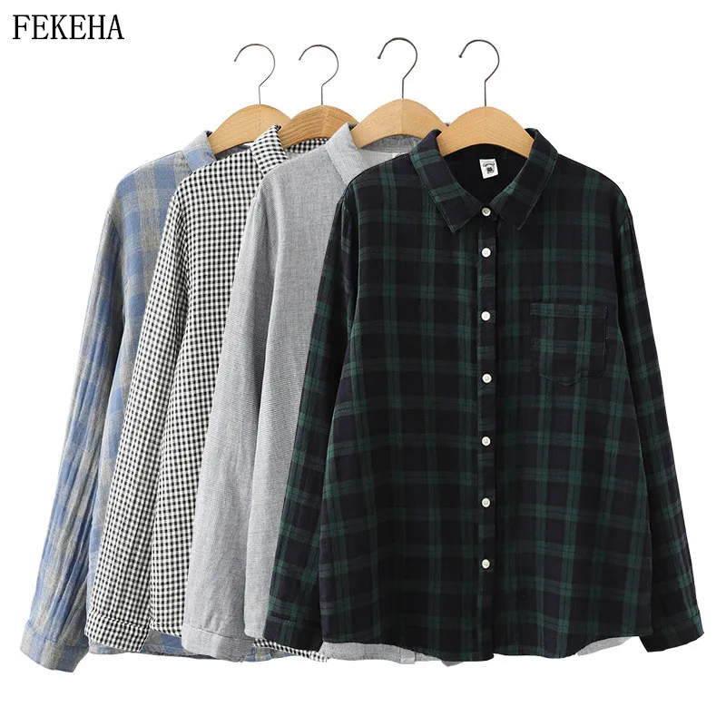 

Plaid Shirts Women Double Cotton Yarn Blouses Spring Autumn Long Sleeve Lady Tops Female Clothes