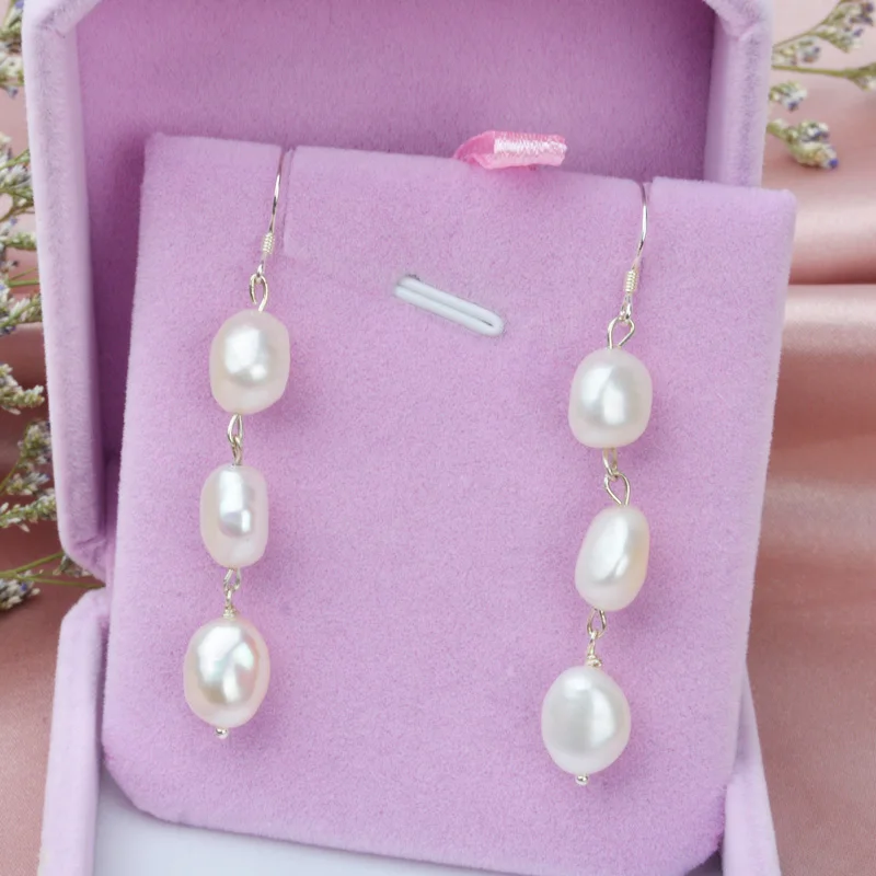 Женские серьги подвески из серебра 925 пробы с натуральным пресноводным