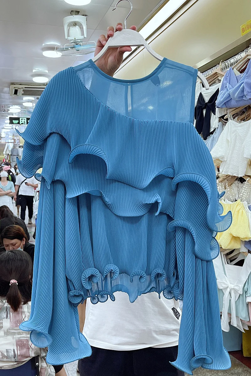 

Pleated Chiffon Shirt for Women 2021 Summer Clothing Korean Style Irregular Ruffled Blouse Girls Ladies Streetwear Fashion Tops