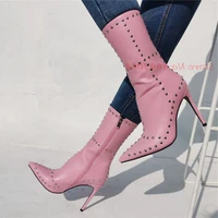 pointed toe rivet mid calf boots pink black women super high thin heels sexy side zipper fashion casual design for women winter