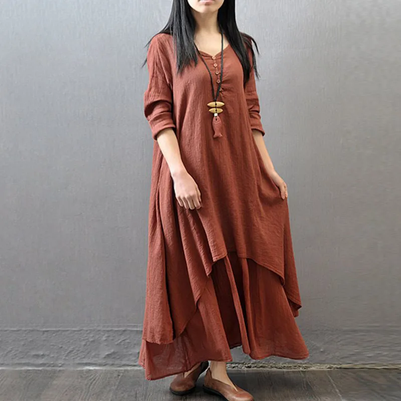 

M-5XL Plus Size Women Dress Vintage Linen Dress Solid Long Sleeve Boho Ethnic Casual Loose Maxi Dresses Retro Vestido Mujer