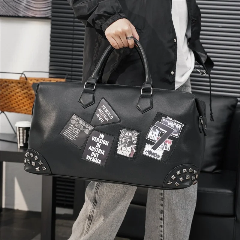 Fashion Large-capacity Travel Tote Men Gym Fitness Bag Letter Print Rivet Shoulder Bag Men Handbag Outdoor Crossbody Travel Bag