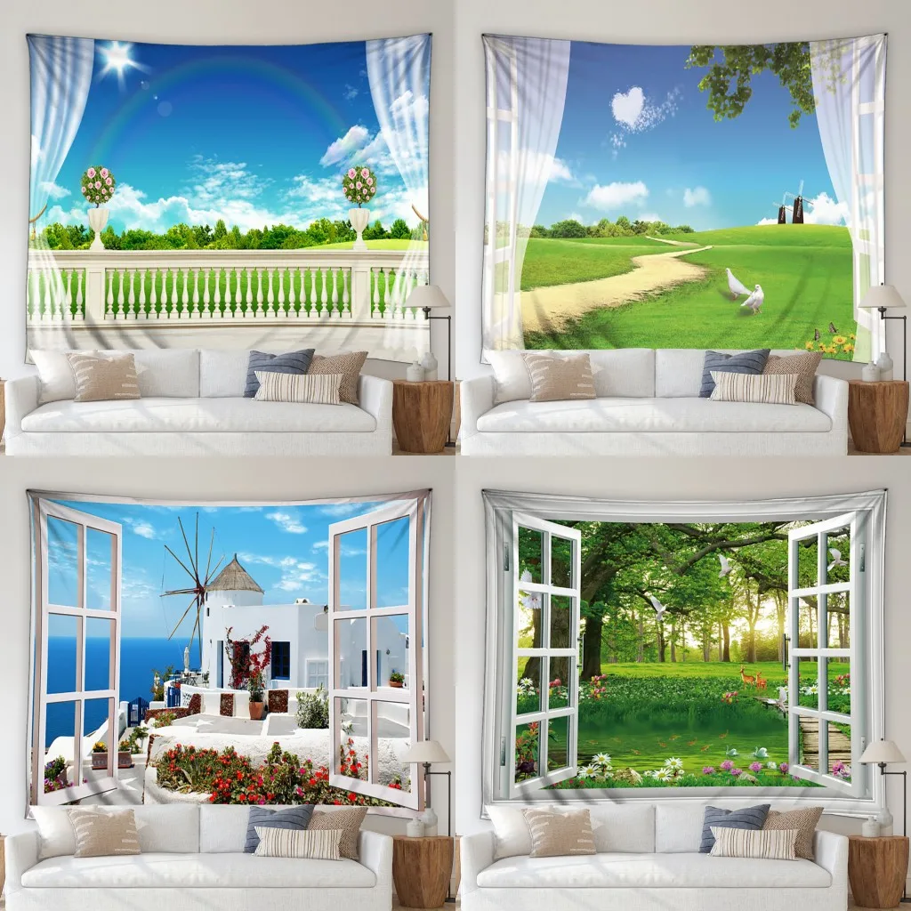 

Scenery Tapestry 3D Window View Ocean Green Forest Flower Windmill Pastoral Landscape Bedroom Living Room Wall Hanging Blanket