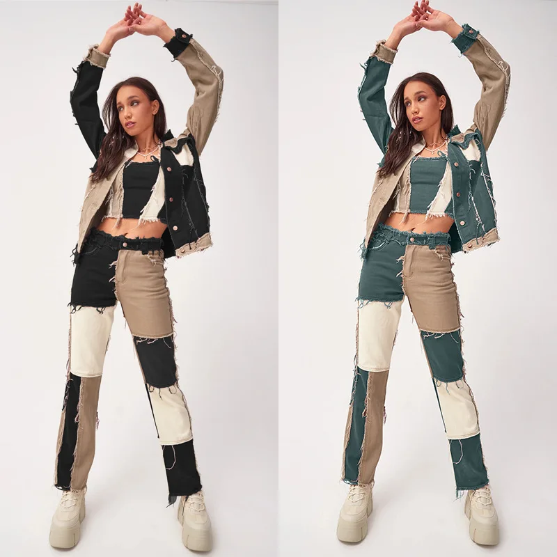 

2021 autumn and winter trend variegated stitching high waist tight hip women's straight denim trousers