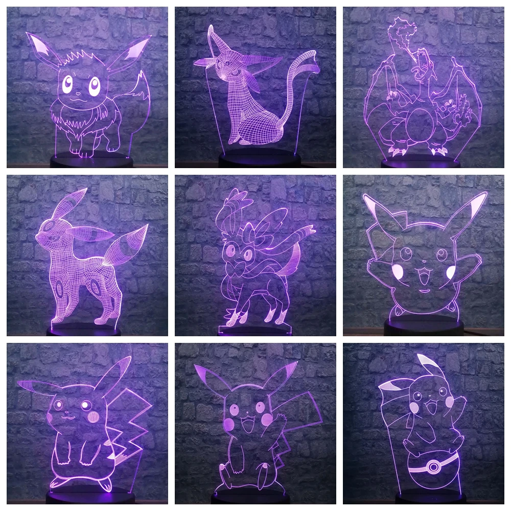 3d Визуальный СВЕТОДИОДНЫЙ Ночник светильник Покемон 7 цветов лампа Дети