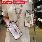 Чехол SoCouple для телефона iphone 11 12 13 Pro XR X Xs Max 7 8 plus SE, мягкий ТПУ чехол на шею, ремешок на запястье, ремешок, цветочный чехол