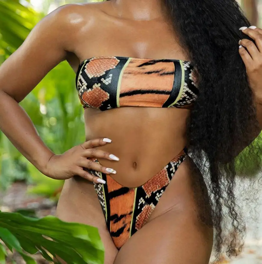 

Женский комплект бикини бандо из змеиной кожи, Мягкий купальник из двух предметов с высоким вырезом, Купальники без бретелек, комплект бики...