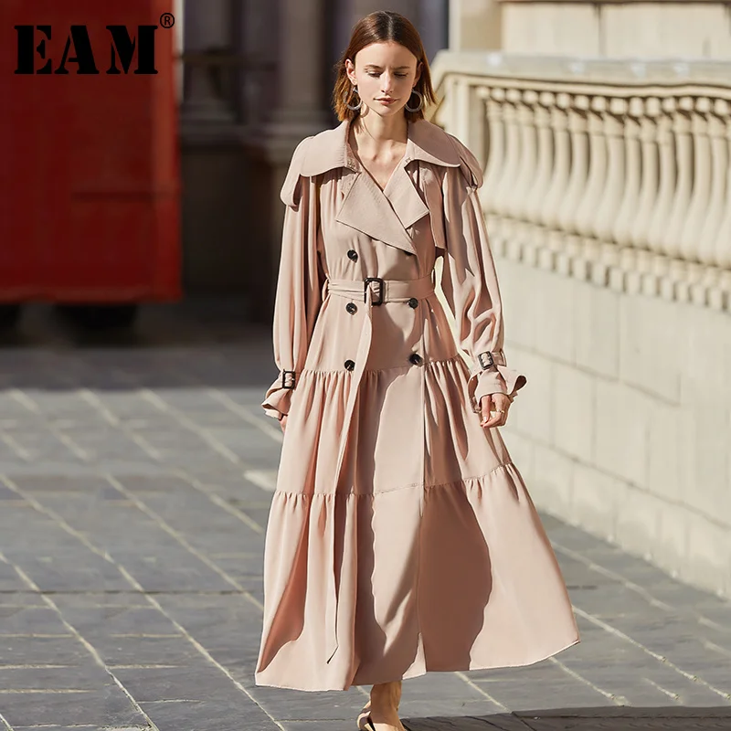 

[EAM] Women Double Breasted Pleated Temperament Dress New Lapel Long Sleeve Loose Fit Fashion Tide Spring Autumn 2022 1S069
