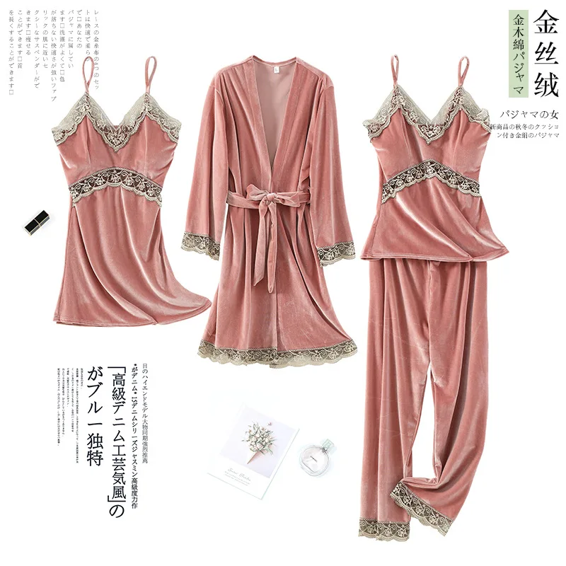 

Женская Свободная Повседневная Ночная рубашка, сексуальная Лоскутная кружевная бархатная Пижама с вырезами, комплект из 4 предметов, осенн...