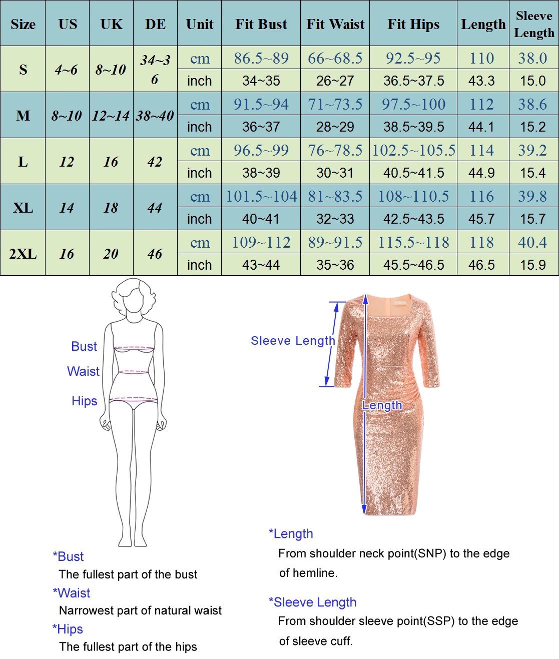 

Belle Poque Women Bodycon Dresses Formal Party Evening Sequined Pencil Dress 3/4 Sleeve Square Neck Hips-Wrapped Retro Elegant