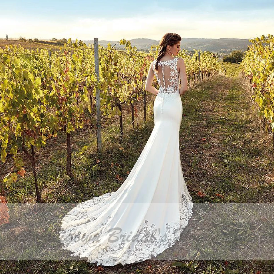 

Sexy Bridal Satin Dress Wedding Mermaid Style 2020 Vestidos Vintage V-neck Lace Elegant Wedding Gowns Sweep Train Lakshmigown