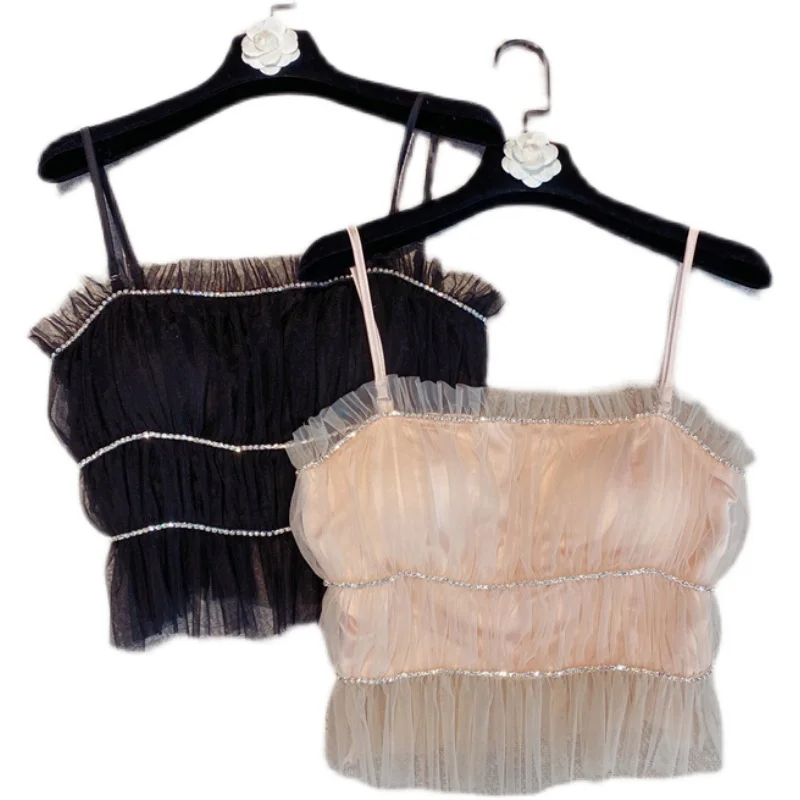 

2021 Spring New Fashionable Sweet Handmade Rhinestone Sexy Tube Top Mesh Camisole Top Korean Tank Top