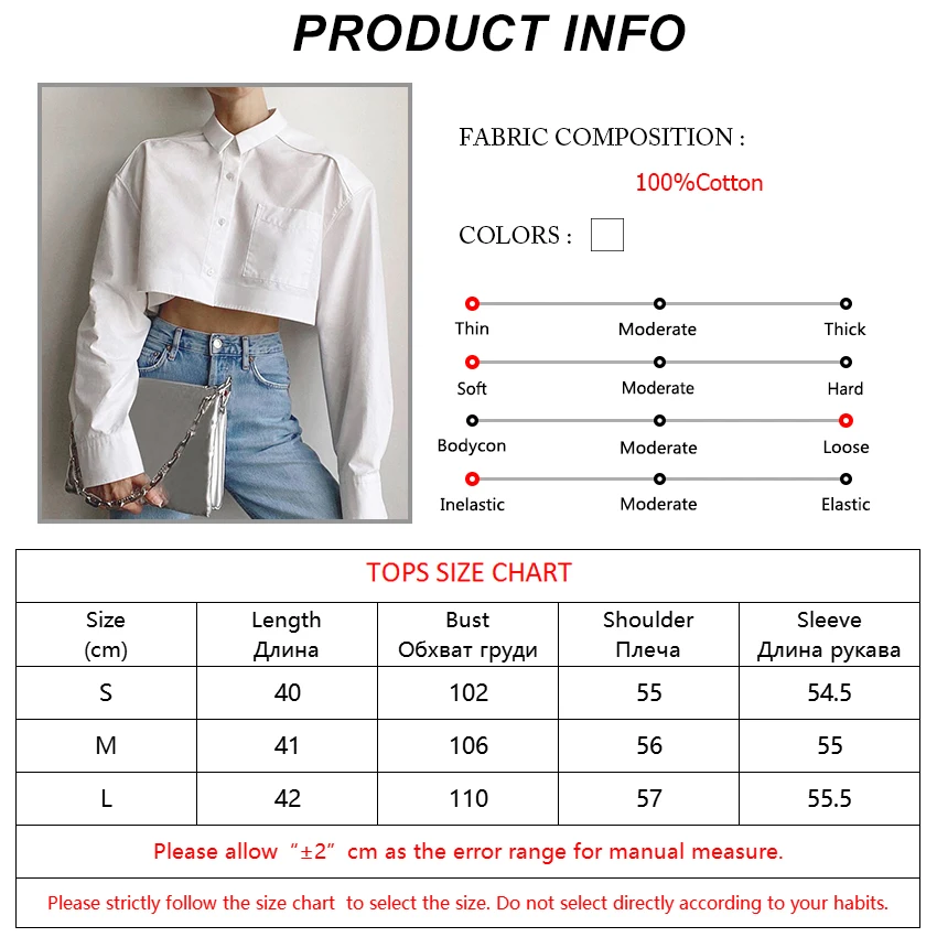 

Bclout White Pocket Single Breasted Short Shirts Woman Street Long Sleeve Turn Down Cotton Blouses Female Thin Crop Tops Summer