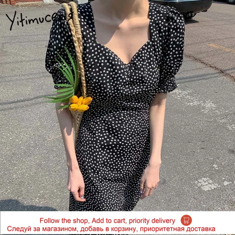 

Yitimuceng Vintage Floral Print High Waist Dresses Women 2021 Puff Sleeve Black A-Line Boho Summer Korean New Elegant Midi Dress
