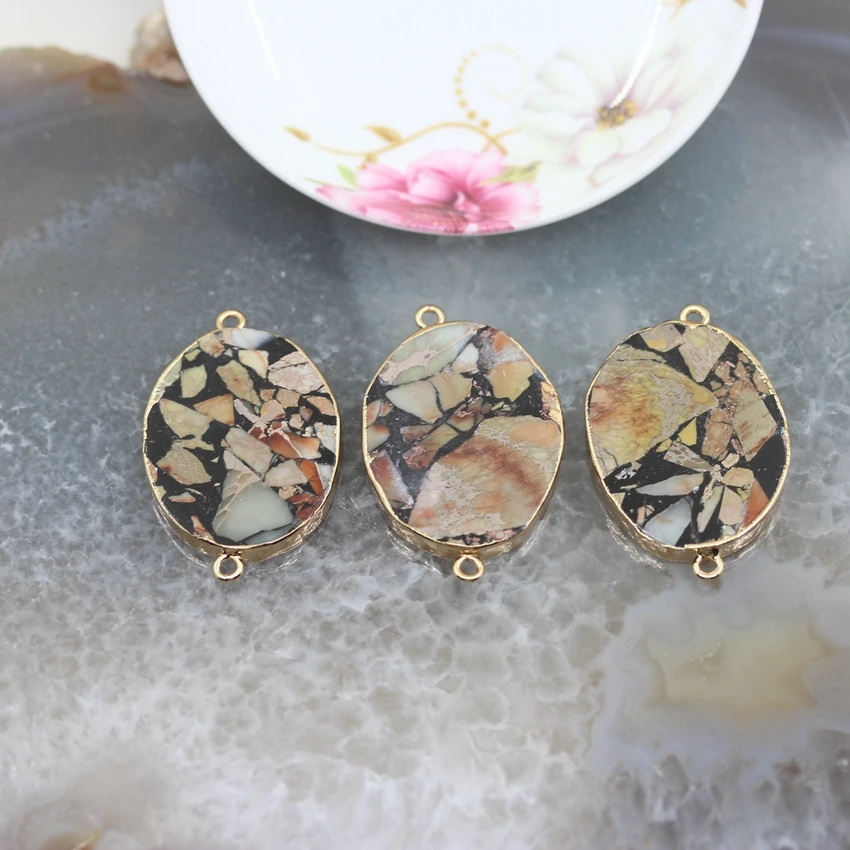 

5pcs,Sea Sediment Flat Oval Slab Connectors,Plated Gold Edged Imperial Jaspers Slice Pendants Charms Necklace Jewelry Making