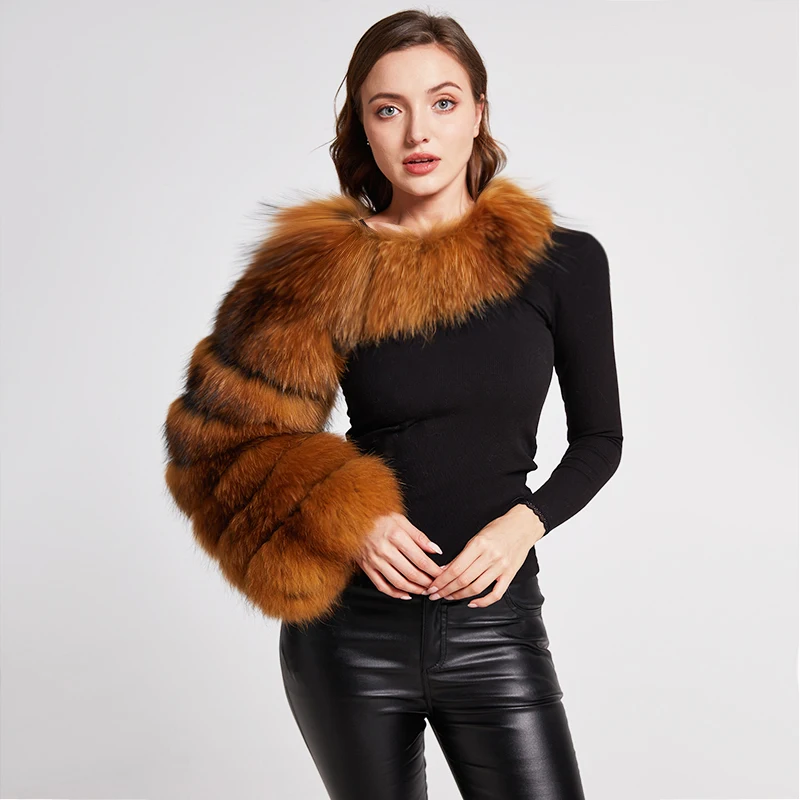 Raccoon Fur Sleeve Ladies Fashion 100% Natural Fur Jacket Silver Fox Vest One Sleeve Genuine Leather Coat enlarge