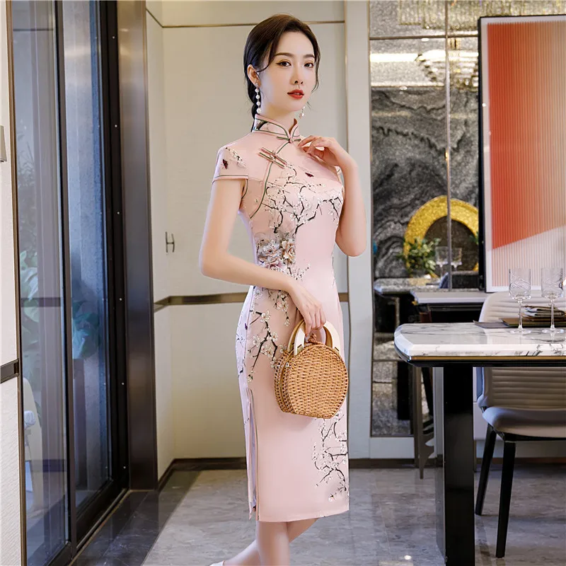 

Satin Pink Bride Wedding Party Dresses Sexy Print Flower Women Qipao Slim Big Size 3XL 4XL Chinese Cheongsams Elegant Vestidos