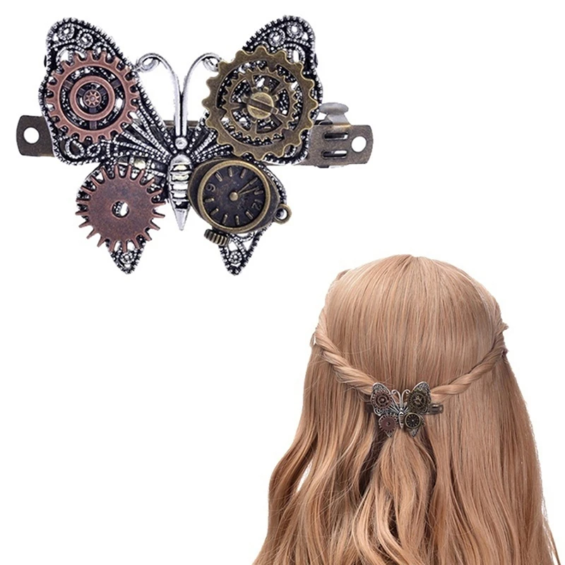 

Steampunk Hair Accessories Vintage Handmade Metal Hair Clips Hairgrips Barrettes Gear Butterfly Clock Decoration for Women