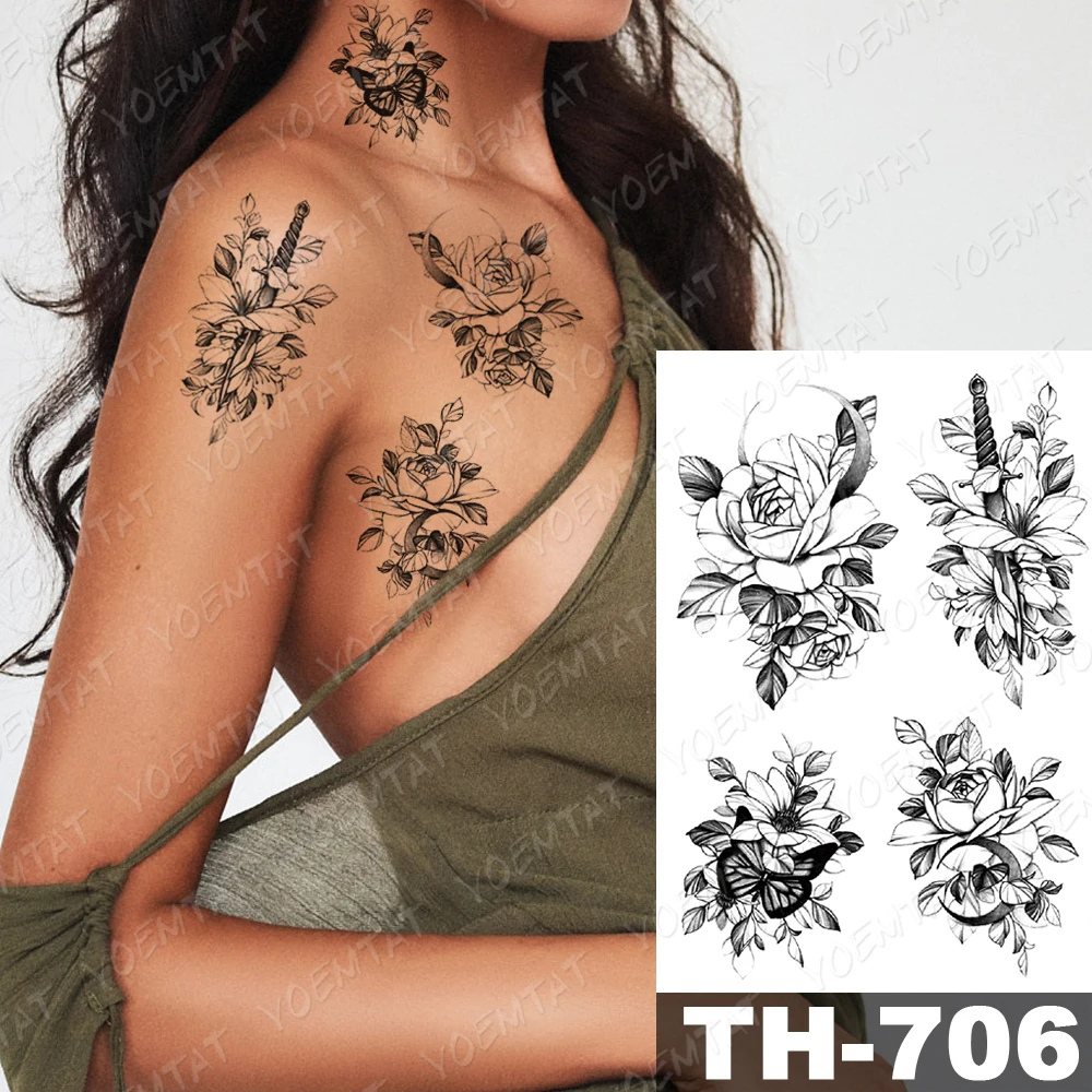 

Waterproof Temporary Tattoo Sticker Simple Line Flowers Rose Moon Flash Tattoos Scorpion Universe Body Art Arm Fake Tatoo Women