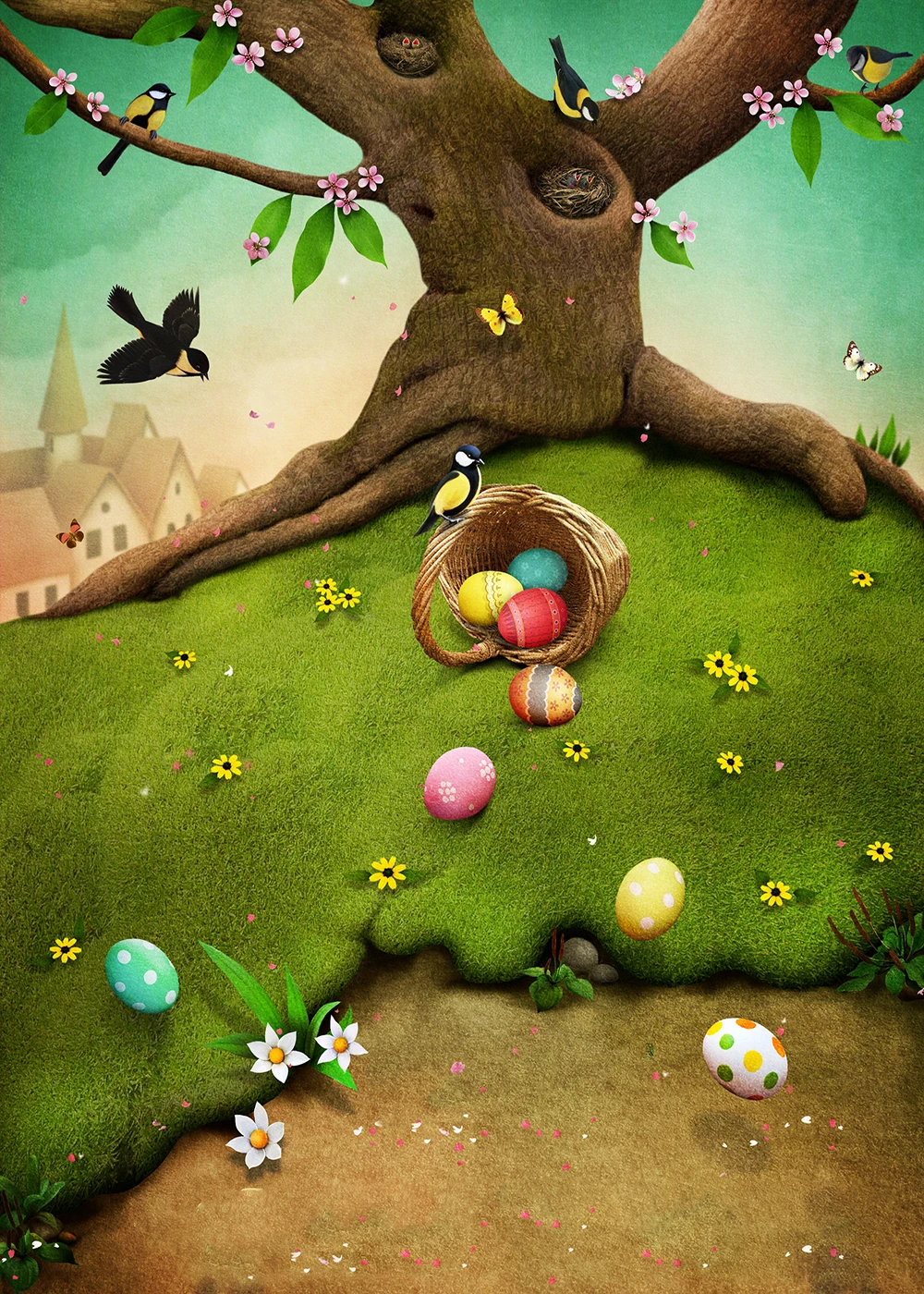Capisco Easter backdrop with basket colourful rolling eggs and birds children's wonderland a photo for shoot fond | Электроника