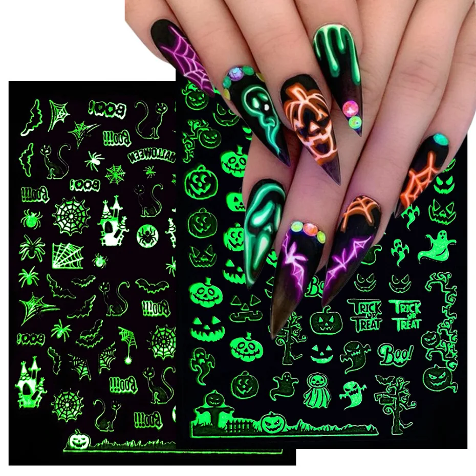 

Nail Stickers Back Glue Fluorescent Light Halloween Pumpkin Imp Smiley Designs Nail Decal Decoration Tips For Beauty Salons