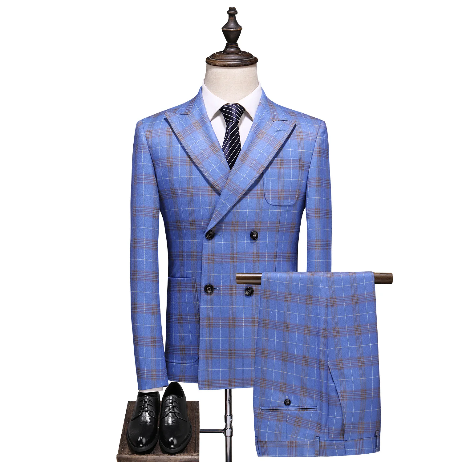 

(Jacket+Pants+Vest) Chic Menswear Blue Plaid 3 Piece Groom Tuxedos For Wedding Formal Prom Suit Party Evening Blazer Custom Made