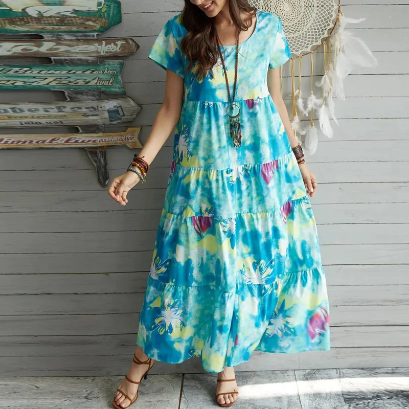

2021 Summer Casual O Neck Pocket Party Dress Vintage Short Sleeve Floral Print Long Dress Women Elegant Loose A-Line Maxi Dress