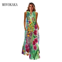 movokaka spring floral print green dress women long casual elegant dresses summer woman sleeveless loose beach maxi dress women