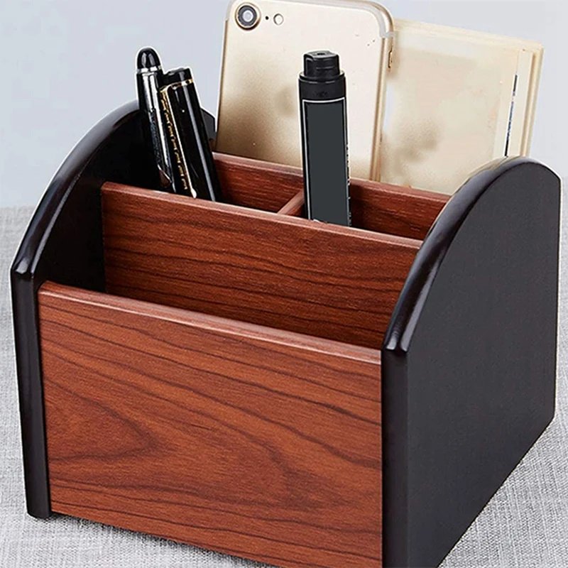 

2 Pack Wooden Remote Control Holder - 4 Compartment Revolving Wooden Desk Organizers Remote Control Storage Caddy
