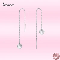 bamoer gae373 genuine 925 silver string earrings long tassle pure pearl flower asymmetric earrings women dangle earrings jewelry