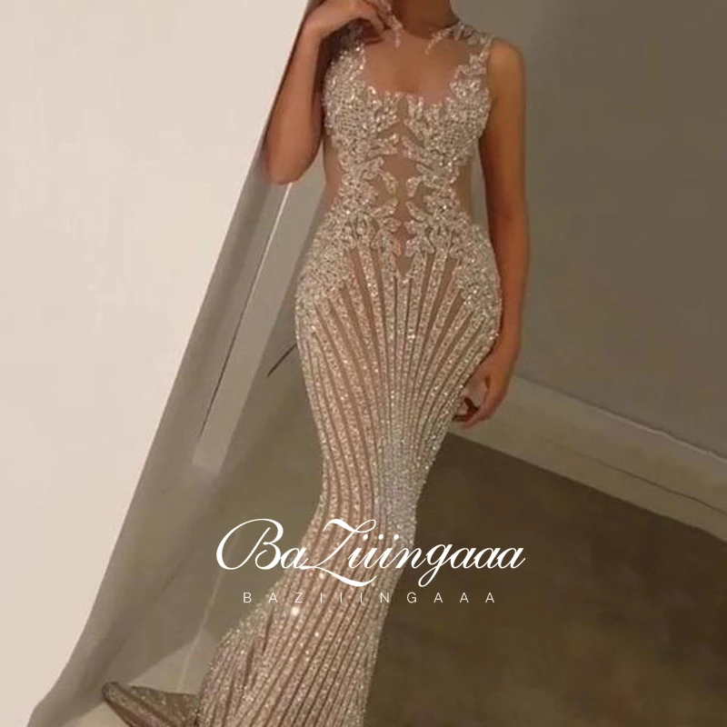 BAZIIINGAAA Luxury Evening Dresses Long Woman Gown 2021 Sequins Robe De Soir Parties Plus Size Bride Dress Prom Party Gowns | Свадьбы и