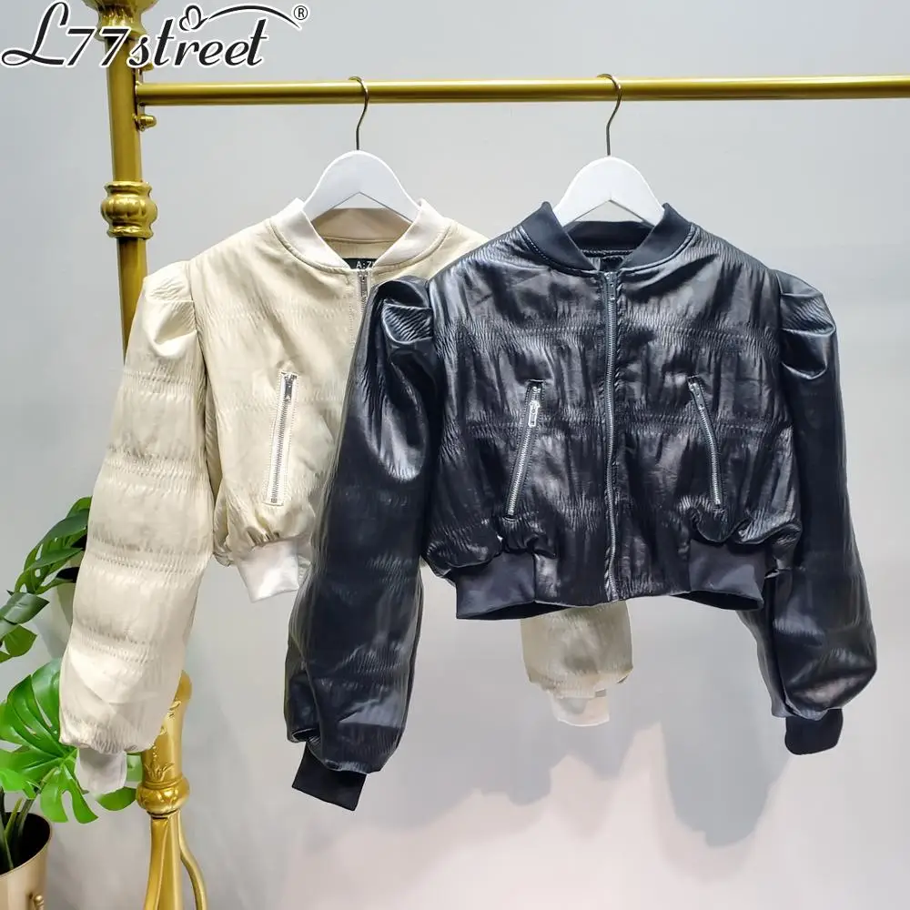L77street PU embossed sheepskin soft French lantern sleeves short paragraph plus cotton padded cotton clothing leather jacket