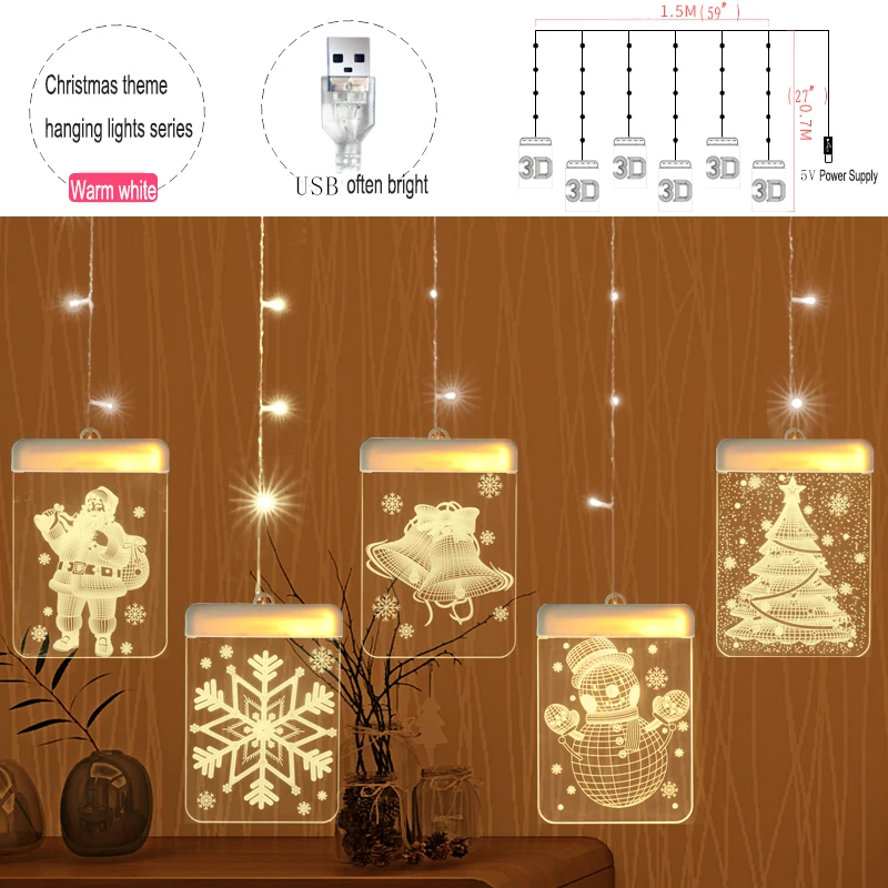 USB 3D Рождественский светодиодный праздничный светильник, колокольчик с Сантой Jingling, снежинка, снеговик, украшения для окон, светильник, пода... от AliExpress RU&CIS NEW