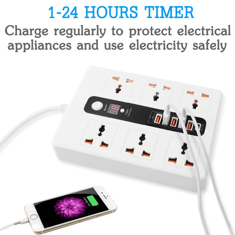 Удлинитель Универсальный с защитой от перенапряжения и таймером 5USB портов 5 В 3 4