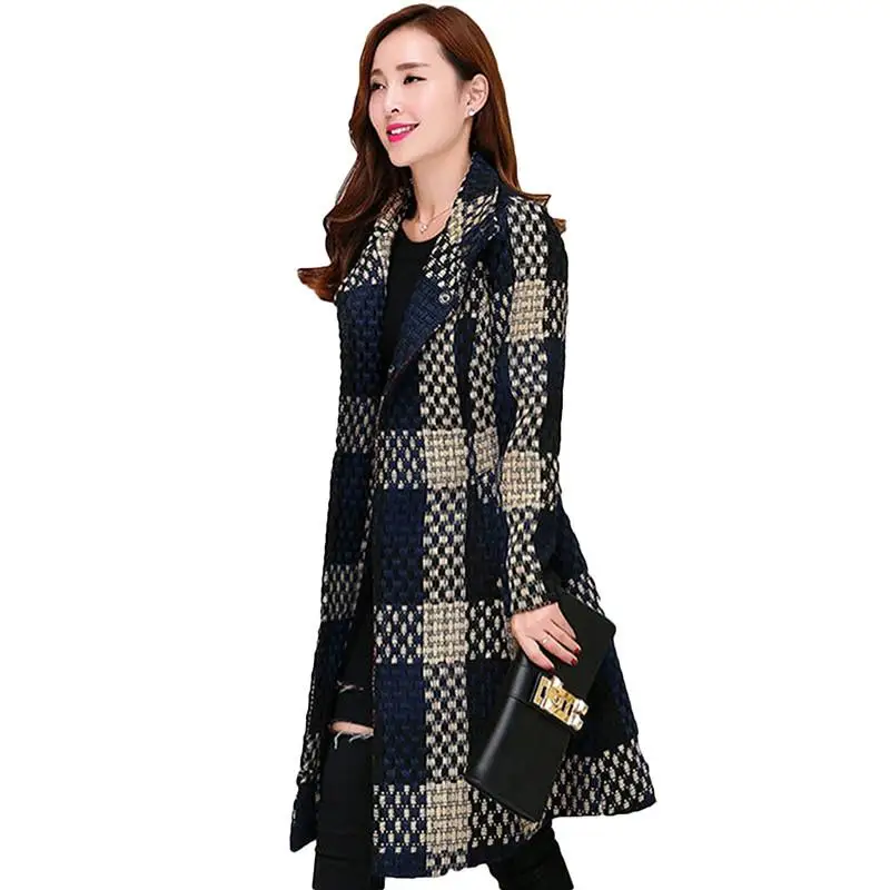 Женское твидовое шерстяное пальто длинное приталенное с лацканами повседневная