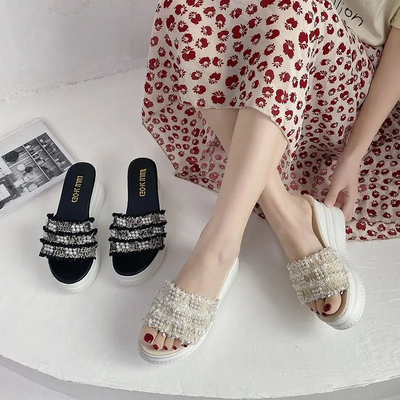 

Flat Shoes Female Woman's Slippers Slides String Bead Platform Heeled Mules On A Wedge 2021 Beach High PU Fabric Rome On A Wedge