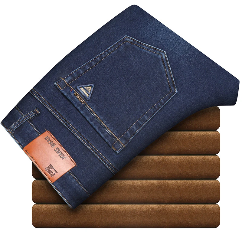 DIMI Warm Denim Pants Male Brand Clothes Winter Men's Business Thickened Jeans Classic Style Fashion Casual Straight Fleece