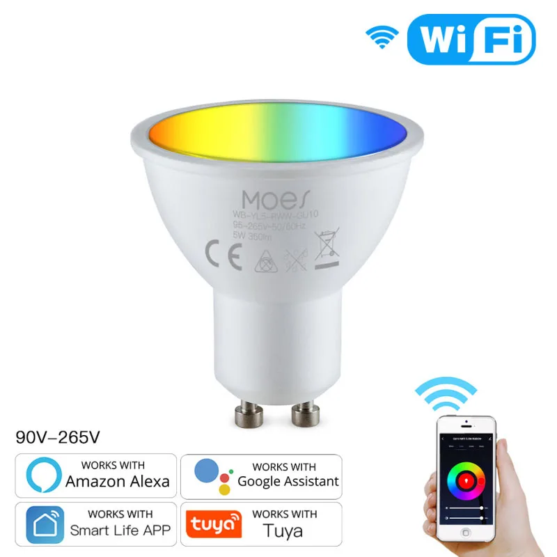 

Умсветильник лампа GU10 с поддержкой Wi-Fi, 5 Вт, RGB + CW 2800-6200K