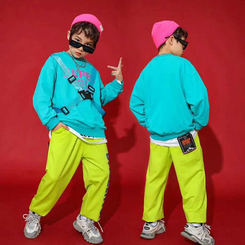 

Kids Ballroom Jazz dancing Outfits Blue Sweatshirt Pants Girls Boys Jazz Dance Costumes Ballroom Dancing Clothes Street Wear