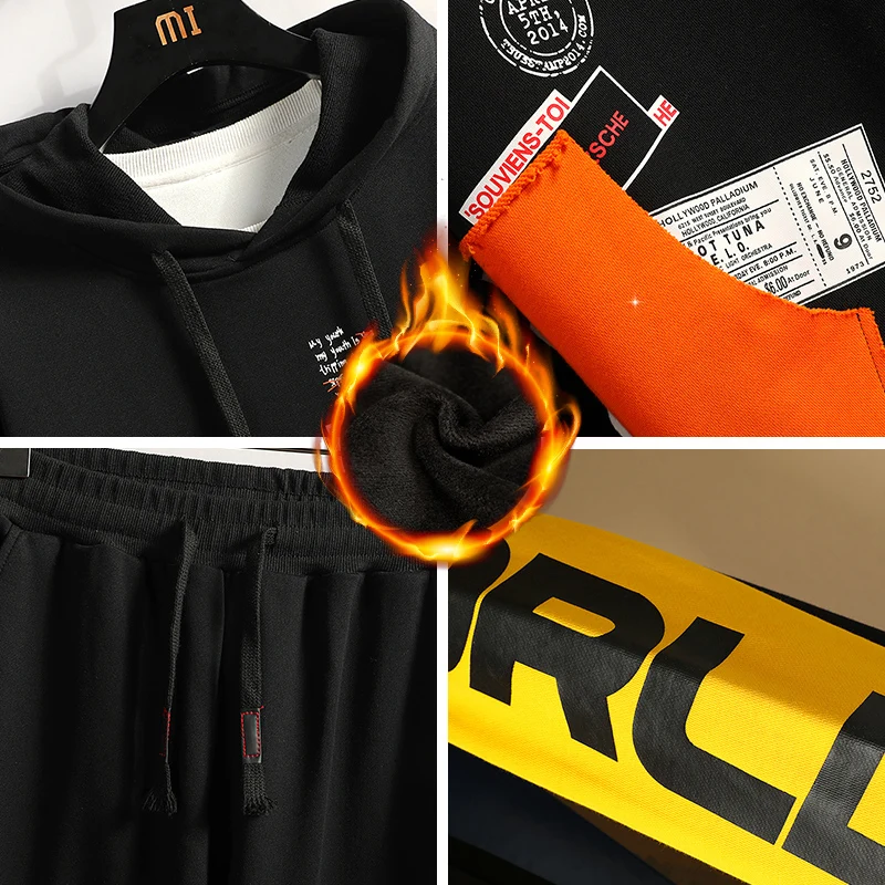 

Men's Tracksuit Men 2 Piece Set Men 2020 Winter Fashion Print Sportswear Hooded Fleece Warm Street Wear Sweatpants Tracksuit Men